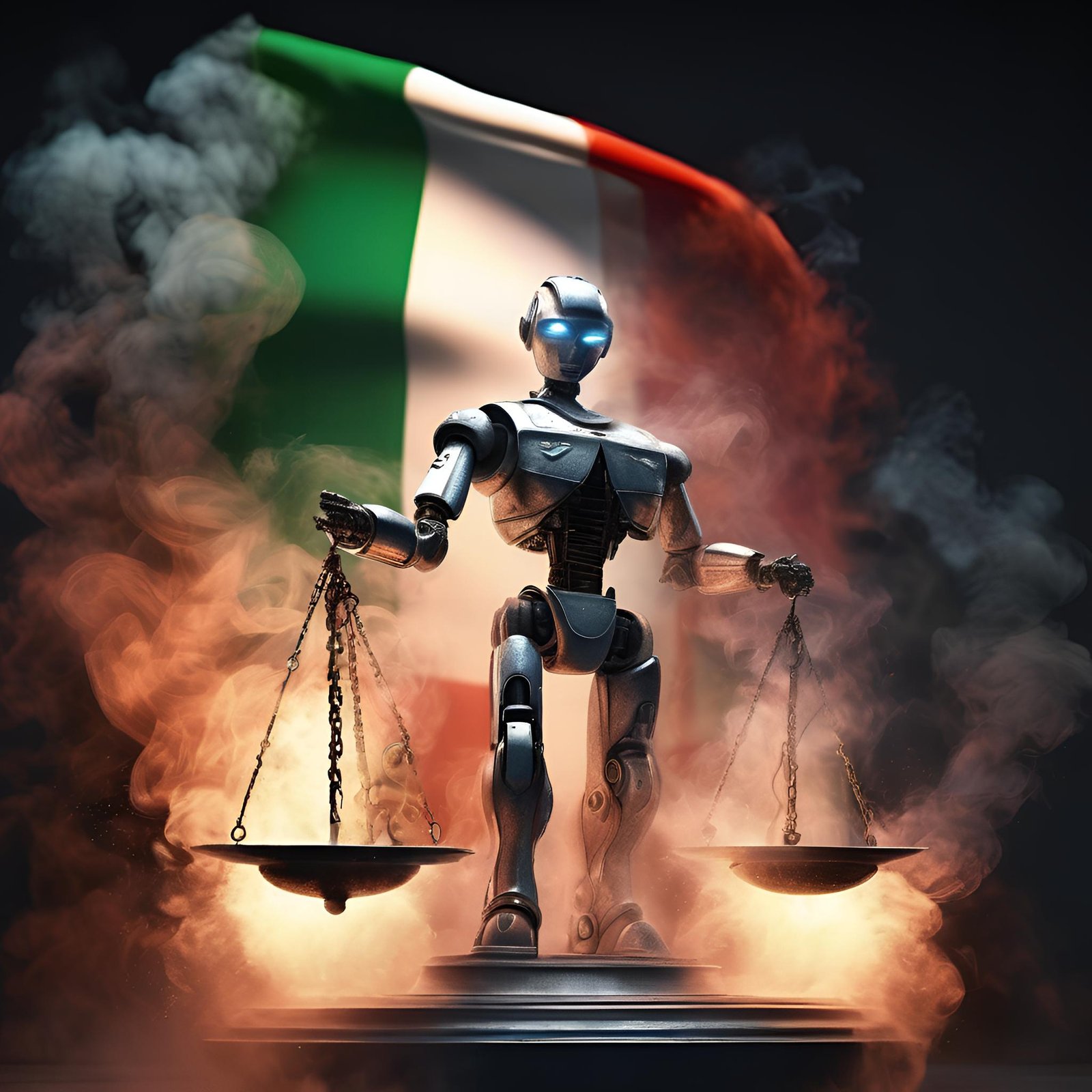 Robô Nostra Judicial segurando a balança da Justiça diante da bandeira italiana