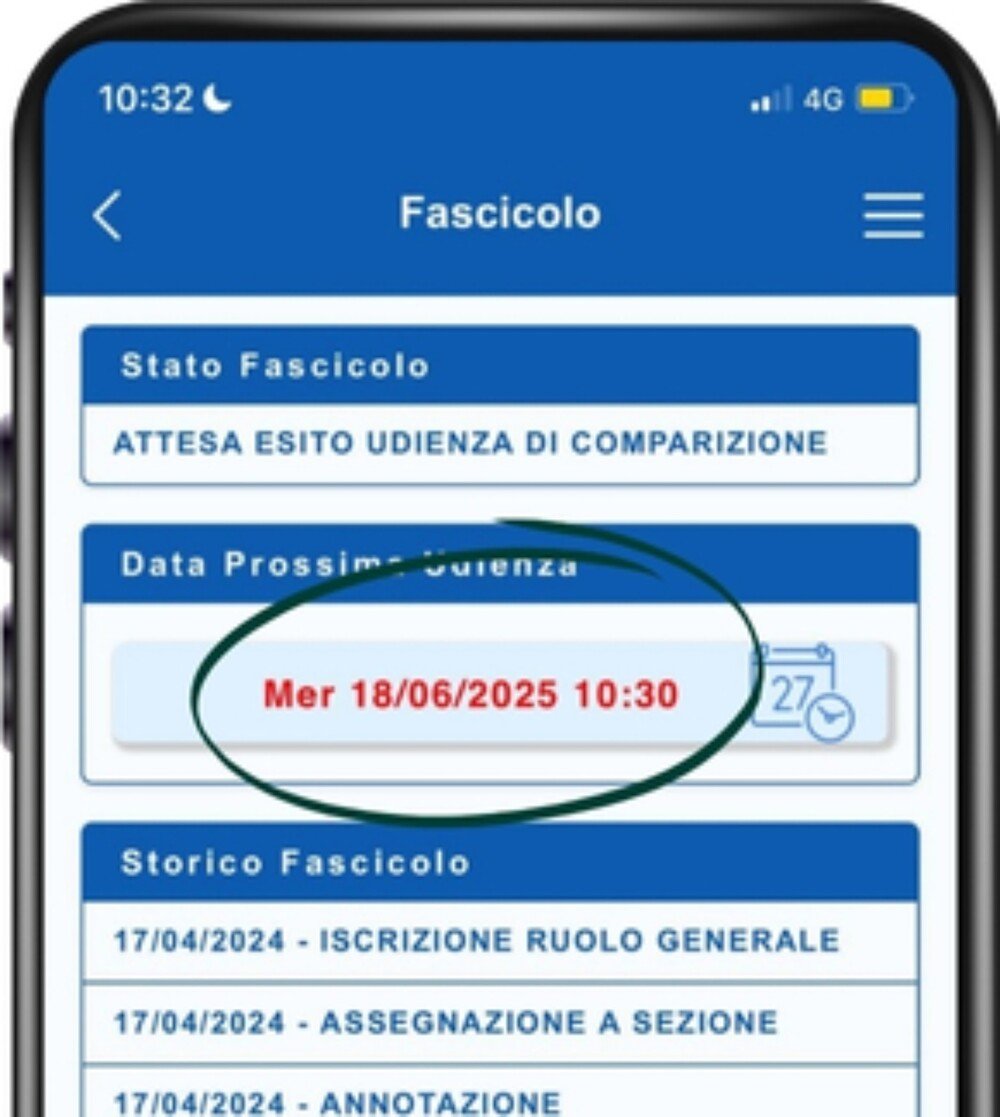Tela do aplicativo oficial de acompanhamento do processo judicial italiano
