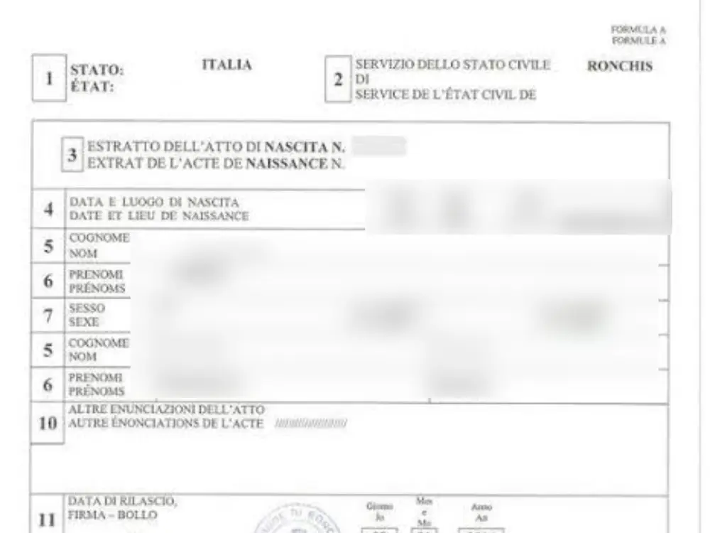 Certidão italiana localizada em pesquisa documental