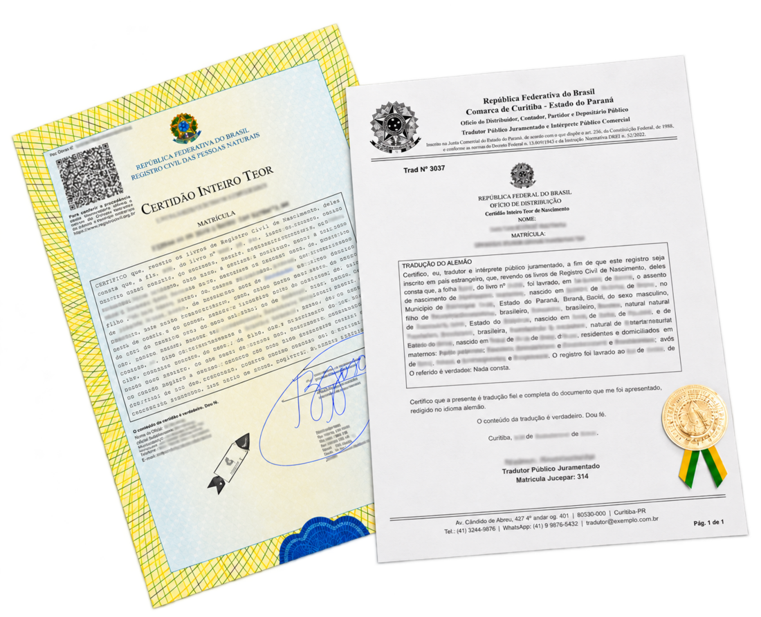 Certidão brasileira em inteiro teor acompanhada da tradução juramentada para o italiano