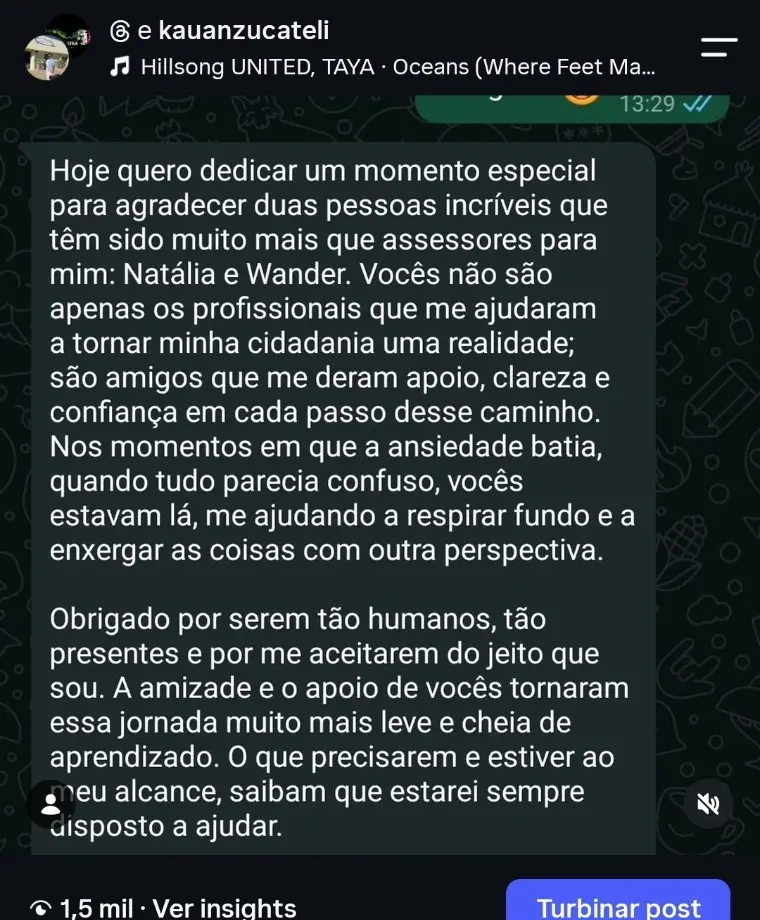Depoimento sobre apoio durante o processo