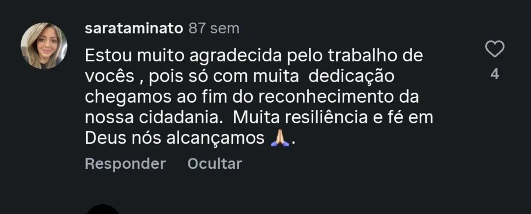Depoimento sobre dedicação e resiliência no reconhecimento