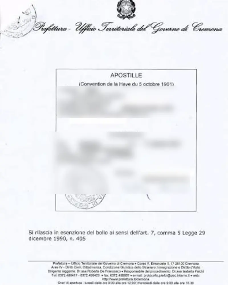 Modelo de apostilamento italiano emitido pela Prefeitura