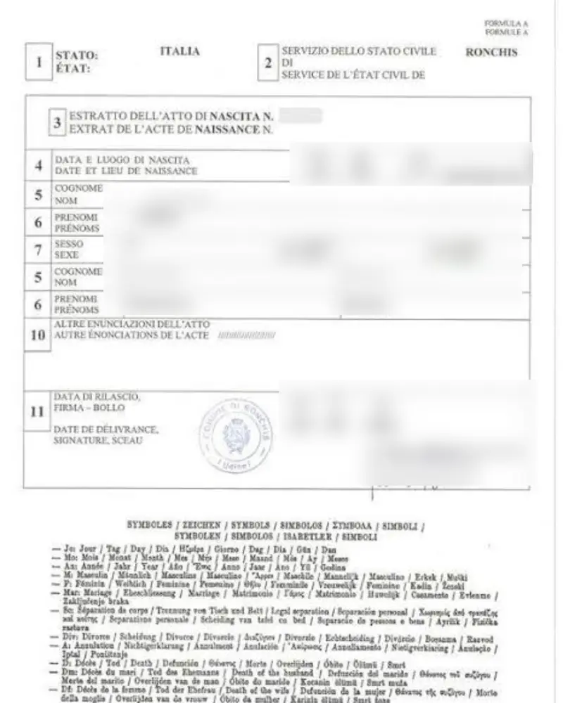 Modelo de certidão italiana com dados pessoais protegidos