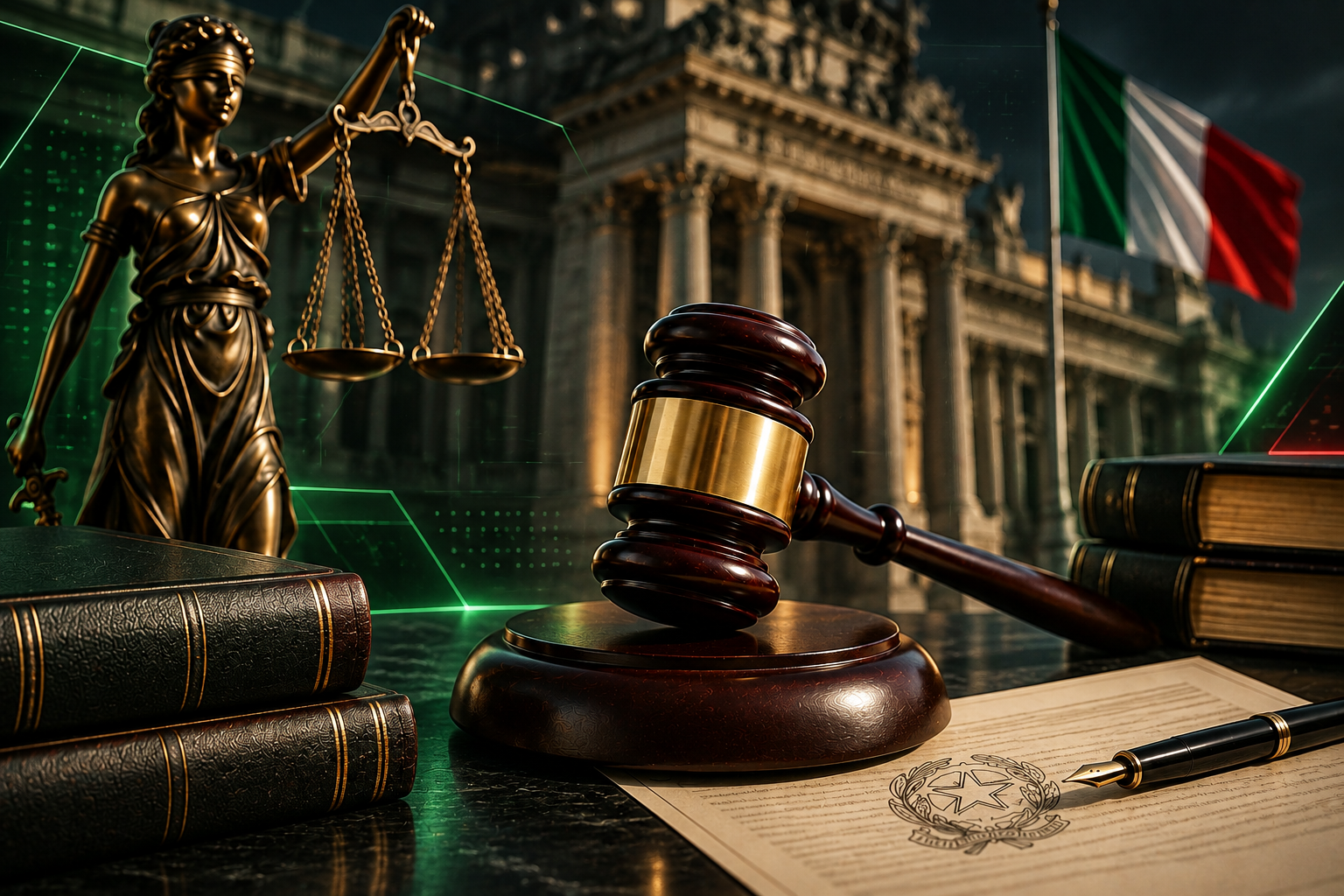 Martelo e balança da Justiça representando julgamentos nos tribunais italianos